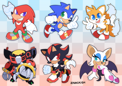Size: 700x495 | Tagged: safe, artist:snackish, e-123 omega, knuckles the echidna, miles "tails" prower, rouge the bat, shadow the hedgehog, sonic the hedgehog, group