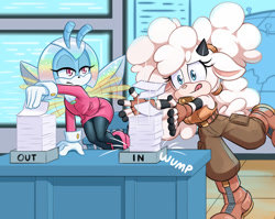 Size: 1280x1017 | Tagged: safe, artist:dstears, jewel the beetle, lanolin the sheep, duo, office, paperwork, tongue out