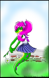 Size: 394x619 | Tagged: safe, artist:a o'brien, oc, oc:winx the crocodile, daytime, from behind, looking back at them, sitting, solo
