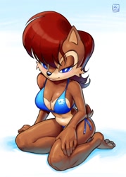 Size: 1089x1519 | Tagged: suggestive, artist:overlord jc, sally acorn, busty sally, hair over one eye, looking at viewer, sitting, solo, swimsuit