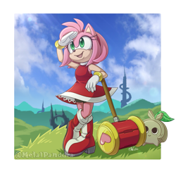 Size: 1157x1109 | Tagged: safe, artist:metalpandora, amy rose, sonic frontiers, abstract background, daytime, koco, piko piko hammer, solo