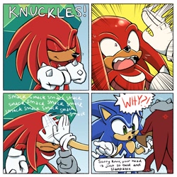 Size: 3000x3000 | Tagged: safe, artist:candycatstuffs, knuckles the echidna, sonic the hedgehog, dialogue, duo, master emerald