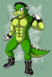 Size: 862x1280 | Tagged: safe, artist:ratchetjak, vector the crocodile, green background, looking at viewer, muscular, signature, simple background, solo