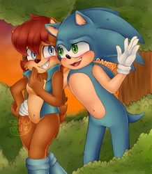 Size: 1254x1436 | Tagged: safe, artist:sspicynoodless, sally acorn, sonic the hedgehog, duo, shipping, sonally
