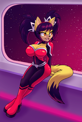 Size: 1575x2346 | Tagged: safe, artist:sokerikaneli, honey the cat, abstract background, busty honey, cosplay, krystal (star fox), solo, space, star (sky)
