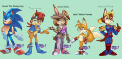 Size: 1287x621 | Tagged: safe, artist:chunichichuni, antoine d'coolette, bunnie rabbot, miles "tails" prower, sally acorn, sonic the hedgehog, antoine's uniform, group, redesign, sally's vest and boots
