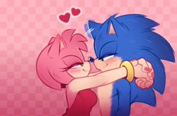 Size: 2000x1300 | Tagged: safe, artist:iris_s_e_e, amy rose, sonic the hedgehog, abstract background, amy x sonic, amy's halterneck dress, back quills, checkered background, duo, looking at each other, movie style, noses are touching, shipping, straight