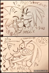 Size: 1200x1800 | Tagged: safe, artist:mushroom-cookie-bear, knuckles the echidna, sonic the hedgehog, 2018, blushing, duo, english text, exclamation mark, eyes closed, gay, hearts, holding another's arm, hugging, kiss on cheek, knuxonic, male, males only, panels, sharp teeth, shipping, shocked, smooch, traditional media