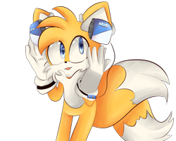 Size: 2891x2324 | Tagged: safe, artist:mizuki247, miles "tails" prower, 2019, cute, gloves, headphones, looking up, male, simple background, solo, standing, tailabetes, tongue out, transparent background