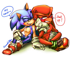 Size: 1024x820 | Tagged: safe, artist:dreamfulblue, knuckles the echidna, sonic the hedgehog, 2019, blushing, clenched teeth, cross popping vein, dialogue, duo, embarrassed, english text, flirting, gay, knuxonic, legs crossed, lidded eyes, looking at each other, shipping, signature, simple background, sitting, sweatdrop, white background