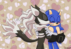 Size: 1280x891 | Tagged: safe, artist:nyku7, infinite the jackal, sonic the hedgehog, abstract background, clenched teeth, duo, eyes closed, gay, hearts, holding each other, kiss on cheek, male, males only, neck fluff, shipping, smile, sonfinite, standing
