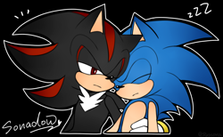 Size: 1138x699 | Tagged: safe, artist:russona, shadow the hedgehog, sonic the hedgehog, 2016, black background, chest fluff, duo, english text, eyes closed, frown, gay, holding them, lidded eyes, looking at them, male, males only, one eye closed, outline, shadow x sonic, shipping, simple background, sleeping, standing, zzz