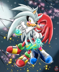 Size: 2500x3024 | Tagged: safe, artist:shadowhatesomochao, knuckles the echidna, silver the hedgehog, 2012, abstract background, blushing, chest fluff, duo, firefly, flying, gay, holding another's arm, knuxilver, lidded eyes, mid-air, neck fluff, shipping, sweatdrop, tree, tree branch