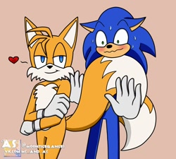 Size: 1500x1350 | Tagged: safe, artist:moontigerange1, miles "tails" prower, sonic the hedgehog, 2022, adult, aged up, arms folded, beige background, blushing, duo, gay, heart, lidded eyes, looking at something, male, males only, nervous, older, simple background, smile, sonic x tails, standing, sweatdrop, wrapped in tails