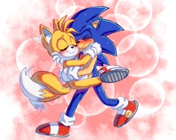Size: 1354x1080 | Tagged: safe, artist:la_gata_golosa_, miles "tails" prower, sonic the hedgehog, 2021, abstract background, blushing, carrying them, cute, duo, eyes closed, gay, holding each other, shipping, smile, sonic x tails, star (symbol), walking