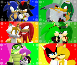 Size: 1280x1081 | Tagged: safe, artist:luvanddeathinall, espio the chameleon, jet the hawk, knuckles the echidna, manik the hedgehog, mighty the armadillo, miles "tails" prower, ray the flying squirrel, shadow the hedgehog, sonic the hedgehog, storm the albatross, vector the crocodile, 3d, abstract background, gay, group, knuxails, mightay, scouranik, shadow x sonic, shipping, stormjet, vecpio