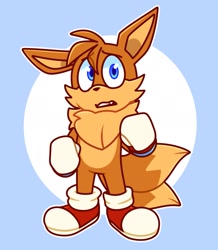 Size: 1705x1952 | Tagged: safe, artist:cloudthecat3, 2022, abstract background, chest fluff, clenched fists, clenched teeth, crossover, eye clipping through hair, fusion, fusion:eevee, fusion:tails, gloves, looking at viewer, male, neck fluff, one fang, outline, shoes, solo, species swap, standing, two tails