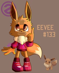 Size: 1658x2048 | Tagged: safe, artist:purple_zaddyra, fox, 2021, ambiguous gender, boots, brown background, character name, cheek fluff, crossover, ear fluff, eevee, english text, eyelashes, fennec, hoodie, looking up, mobianified, neck fluff, pink hoodie, pokemon, simple background, smile, solo, standing