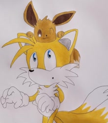 Size: 640x726 | Tagged: safe, artist:jackdoesathing, miles "tails" prower, fox, :3, ambiguous gender, crossover, duo, eevee, fennec, looking at each other, male, mouth open, pokemon, simple background, smile, standing, traditional media, wink