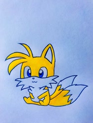 Size: 768x1024 | Tagged: safe, artist:tails 101, miles "tails" prower, 2019, :3, barefoot, cute, gloves off, looking offscreen, male, simple background, sitting, smile, solo, tailabetes, traditional media