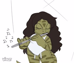 Size: 4096x3489 | Tagged: safe, artist:violetmadness7, lizard, flute, lizzo, musical notes, playing music, solo