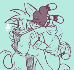 Size: 1200x1140 | Tagged: safe, artist:aconfusedaj, charmy bee, miles "tails" prower, 2020, blue background, blushing, chaails, charmabetes, cute, duo, ear fluff, eyes closed, gay, hearts, hoodie, hugging from behind, looking down, male, males only, monochrome, older, oversized, shipping, simple background, smile, standing, tailabetes