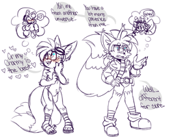 Size: 2048x1639 | Tagged: safe, artist:webbisnekki, charmy bee, miles "tails" prower, aged up, blushing, chaails, claws, dialogue, duality, duo, ear fluff, english text, gay, gloves off, goggles on head, looking up, monochrome, older, shipping, simple background, sketch, standing, thinking, thought bubble, white background
