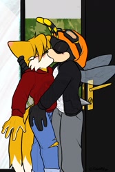 Size: 1200x1800 | Tagged: safe, artist:kushpin_nsfw, charmy bee, miles "tails" prower, 2020, aged up, blushing, blushing ears, chaails, duo, eyes closed, fanfiction art, gay, gloves off, goggles on head, hair over one eye, holding them, hoodie, kiss, male, males only, older, ripped pants, shipping, watermark