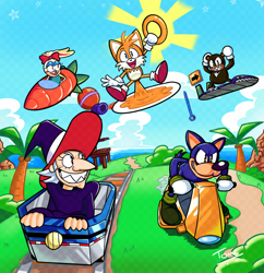 Size: 958x988 | Tagged: safe, artist:tomy6, bearenger the grizzly, carrotia the rabbit, falke wulf, miles "tails" prower, wendy naugus, 2022, abstract background, classic style, clouds, flying, group, looking at viewer, palm tree, ring, signature, spinning tails, tails skypatrol, team witchcarter