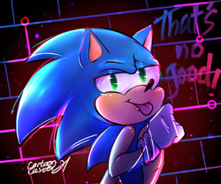 Size: 600x500 | Tagged: safe, artist:cartooncaster21, sonic the hedgehog, 2020, abstract background, clenched fist, english text, looking back at viewer, male, meme, redraw, solo, thats no good, tongue out
