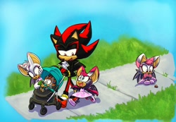 Size: 1300x900 | Tagged: safe, artist:punkinspice5, shadow the hedgehog, hybrid, daytime, fankid, group, parent:rouge, parent:shadow, parents:shadouge, snail, stroller