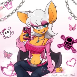 Size: 1500x1500 | Tagged: safe, artist:bossswagmaster_, rouge the bat, busty rouge, cellphone, looking at viewer, one fang, piercings, rhinestone, selfie, skull, solo