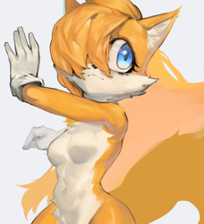 Size: 640x702 | Tagged: source needed, safe, artist:woobin94, miles "tails" prower, fox, aged up, ear fluff, eyelashes, female, gender swap, gloves, hair over one eye, looking offscreen, simple background, solo, standing, white background