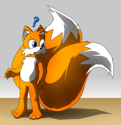 Size: 1167x1200 | Tagged: safe, artist:kitsunemichi, miles "tails" prower, 2014, abstract background, barefoot, gloves off, large tail, looking offscreen, ms paint, open mouth, question mark, solo