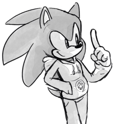 Size: 540x569 | Tagged: safe, artist:kadybat, sonic the hedgehog, 2015, gloves, greyscale, hand in pocket, hoodie, looking offscreen, male, modern sonic, monochrome, pants, pointing, simple background, smile, solo, standing, trans boy sonic, trans male, transgender, white background