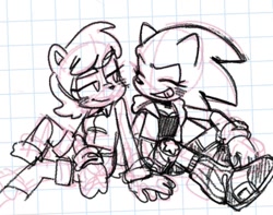 Size: 680x536 | Tagged: dead source, safe, artist:bl00doodle, sally acorn, sonic the hedgehog, abstract background, blushing, checkered background, clenched teeth, duo, eyes closed, female, females only, half r63 shipping, holding hands, lesbian, lidded eyes, looking at them, shipping, sitting, sketch, smile, sonally, traditional media, trans female, transgender