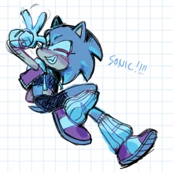 Size: 680x674 | Tagged: safe, artist:bl00doodle, sonic the hedgehog, abstract background, blushing, character name, checkered background, clenched teeth, english text, eyelashes, female, looking at viewer, mid-air, one fang, pose, smile, solo, traditional media, trans female, transgender, v sign, wink