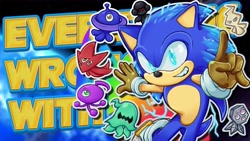 Size: 1280x720 | Tagged: safe, artist:chariii5, sonic the hedgehog, wisp, abstract background, brown gloves, clenched teeth, electricity, english text, everything wrong with, glowing eyes, group, looking at viewer, outline, pointing, smile, solo focus, sonic colors ultimate, youtube thumbnail