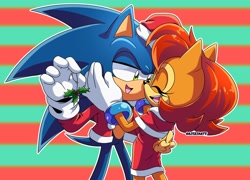 Size: 1482x1066 | Tagged: safe, artist:artsriszi, sally acorn, sonic the hedgehog, abstract background, christmas, duo, mistletoe, shipping, sonally, straight, striped background