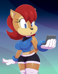 Size: 1008x1280 | Tagged: safe, artist:bigdon1992, nicole the handheld, sally acorn, busty sally, sally's ringblader outfit, solo
