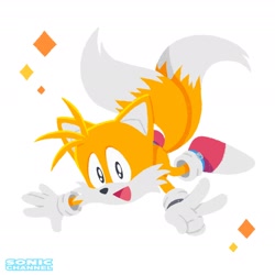 Size: 1958x1958 | Tagged: safe, artist:sonicofficialjp, sonic twitter, miles "tails" prower, 2021, arm out, classic tails, falling, japanese text, looking at viewer, mid-air, mouth open, no outlines, official artwork, simple background, solo, sparkles, v sign, white background