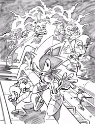 Size: 1582x2048 | Tagged: safe, artist:tracy yardley, artist:yardleyart, antoine d'coolette, bunnie rabbot, miles "tails" prower, rotor walrus, sally acorn, sonic the hedgehog, group