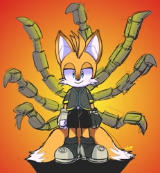 Size: 1548x1672 | Tagged: safe, artist:heartludwig, miles "tails" prower, nine, sonic prime, abstract background, looking at viewer, solo, standing