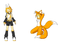 Size: 4143x3076 | Tagged: safe, artist:skye-izumi, miles "tails" prower, human, 2014, cosplay, duality, eyes closed, female, goggles, hands behind head, kagamine rin, kigurumi, kneeling, looking at viewer, simple background, smile, solo, standing, transparent background