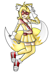 Size: 1240x1758 | Tagged: safe, artist:honisaro, miles "tails" prower, human, 2014, cosplay, crop top, female, goggles, holding something, kagamine rin, looking at viewer, mid-air, pointing, skirt, solo, sonic boom (tv), tongue out, transparent background, wink, wrench