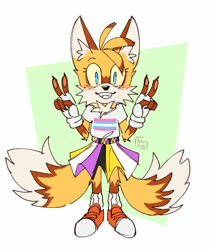 Size: 1024x1204 | Tagged: safe, artist:yellowvixen, miles "tails" prower, fox, 2022, abstract background, blushing, chest fluff, claws, clenched teeth, double v sign, ear fluff, eyelashes, fangs, fingerless gloves, fluffy, looking at viewer, nonbinary, nonbinary pride, pawpads, redesign, shirt, skirt, solo, standing, trans female, trans pride, transgender, yellow sclera