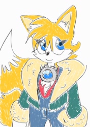 Size: 640x905 | Tagged: safe, artist:duskwingmoth, miles "tails" prower, fox, adult, aged up, chest fluff, crop jacket, ear fluff, eyelashes, female, gloves, headcanon, looking offscreen, necklace, older, simple background, smile, solo, standing, trans female, trans girl tails, transgender, white background