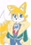 Size: 640x905 | Tagged: safe, artist:duskwingmoth, miles "tails" prower, fox, adult, aged up, chest fluff, crop jacket, ear fluff, eyelashes, female, gloves, headcanon, looking offscreen, necklace, older, simple background, smile, solo, standing, trans female, trans girl tails, transgender, white background