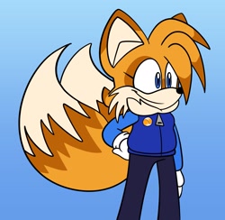 Size: 2048x1997 | Tagged: safe, artist:twintailedgal, miles "tails" prower, 2022, badge, colored ears, colored tail, eyelashes, female, flat colors, furry collar, gradient background, hair over one eye, hand on hip, jacket, looking offscreen, older, pants, smile, solo, standing, trans female, trans girl tails, transgender