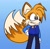 Size: 2048x1997 | Tagged: safe, artist:twintailedgal, miles "tails" prower, 2022, badge, colored ears, colored tail, eyelashes, female, flat colors, fur markings, furry collar, gradient background, hair over one eye, hand on hip, jacket, looking offscreen, older, pants, smile, solo, standing, trans female, trans girl tails, transgender